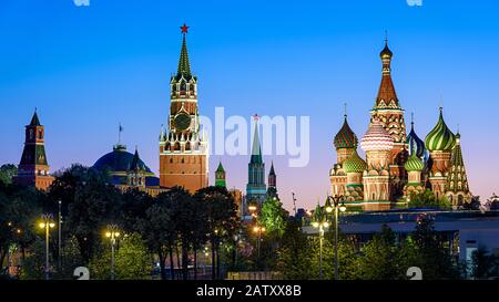 Moscow Kremlin and St Basil`s Cathedral at night, Russia. This place is a top tourist attraction of Moscow. Evening view of the famous Moscow landmark Stock Photo